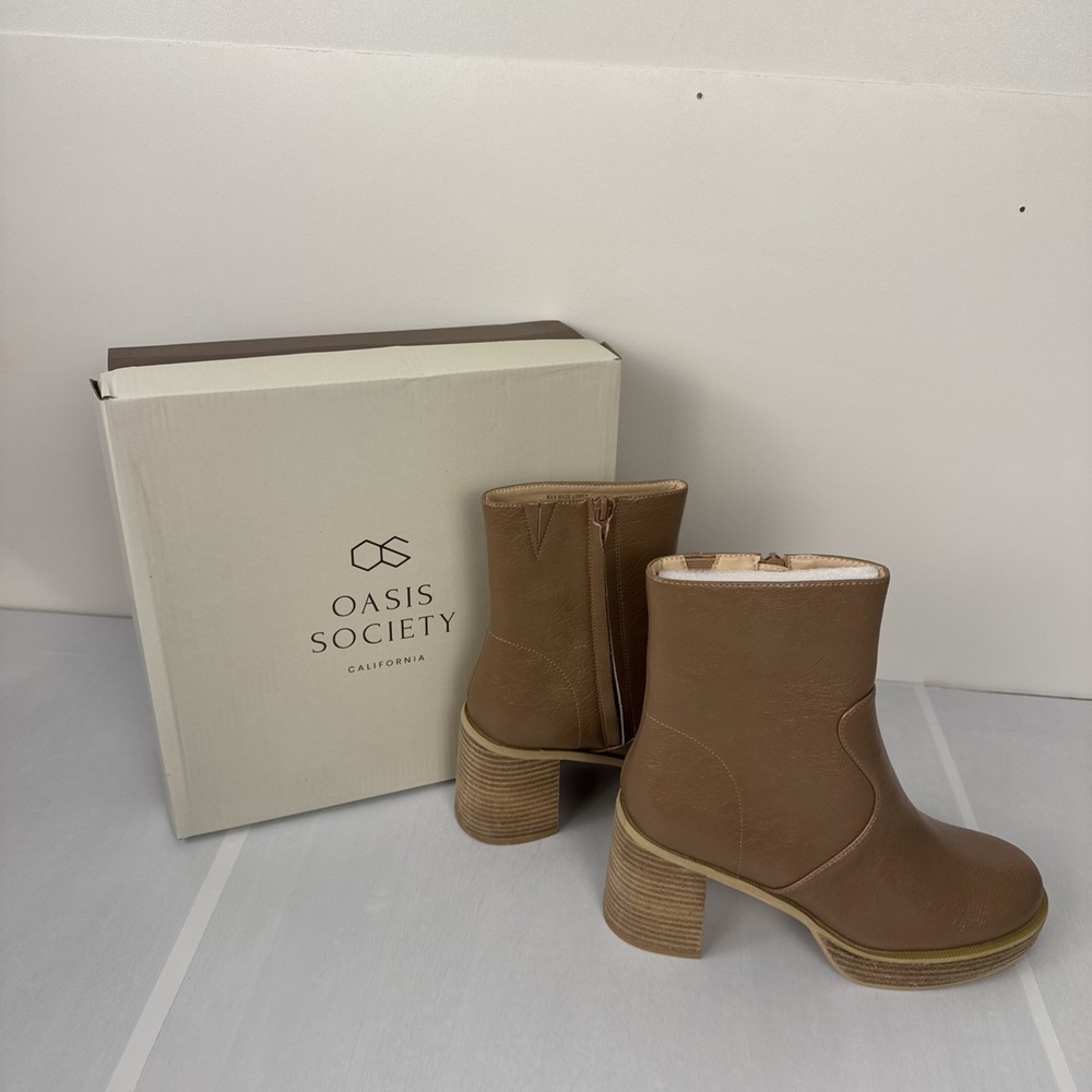 Oasis Society Platform Ankle Boots Tan Faux Leather Chunky 3" Heel SZ 9 Zip NIB